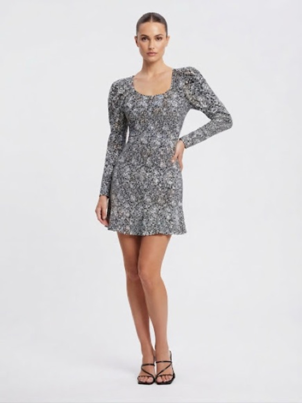 Parker Grey Floral Scoop-Neck Long-Sleeve Mini Dress S